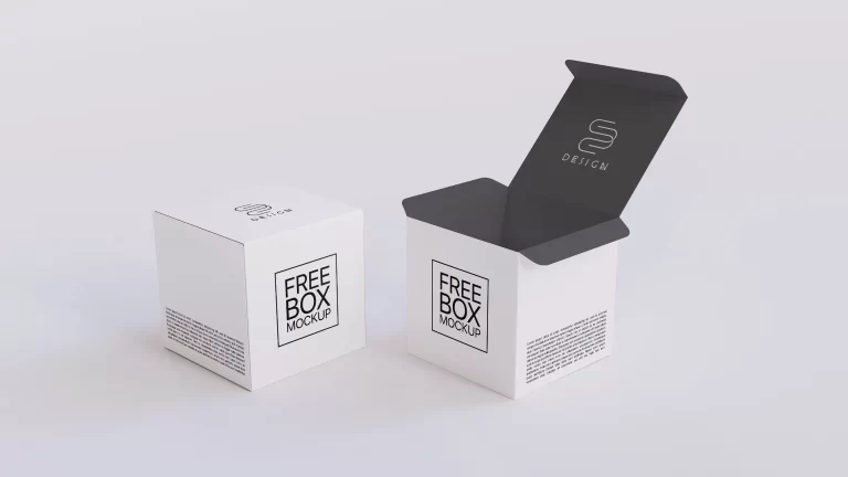 Minimalist free square product box mockup in white, showing one open and one closed box in 8K resolution.